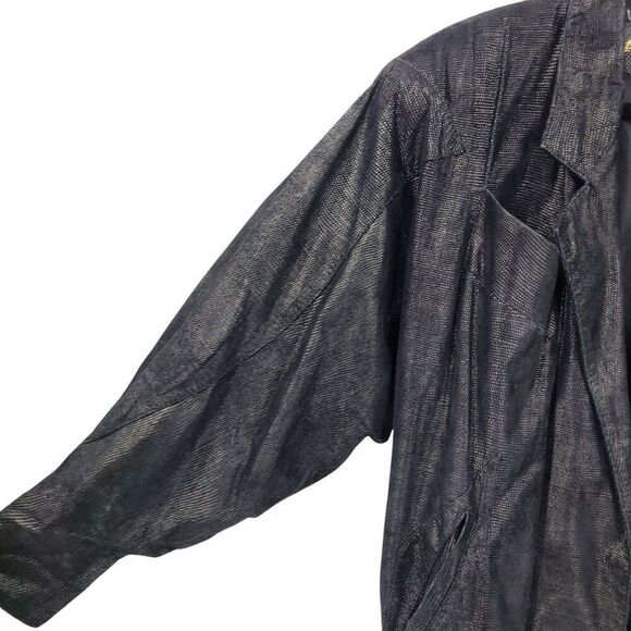 Vtg 80s Genuine Leather Jacket Sz L Black Oil Slick Textured Batwing Oversized - Picture 6 of 12